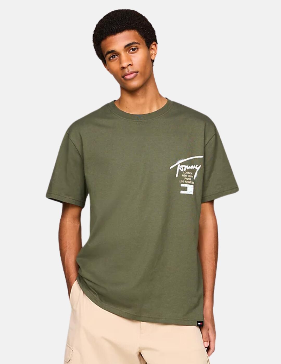 Camiseta Tommy Jeans hombre verde oliva con logo blaco