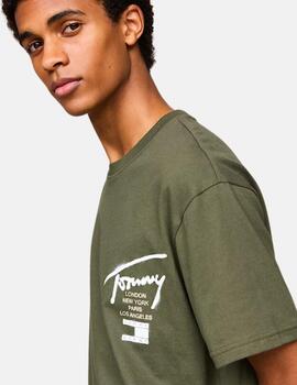 Camiseta Tommy Jeans hombre verde oliva con logo blaco