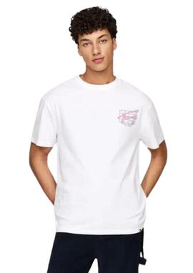 Camiseta Tommy Jeans blanca logo rosa hombre