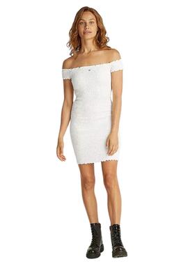 Vestido Tommy Jeans blanco fruncido mujer